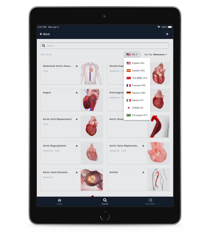 The BioDigital Human anatomy, physiology, disease, and treatment library is instantly available in English, Spanish, Japanese, French, German, Italian, Chinese, and Portuguese. title=