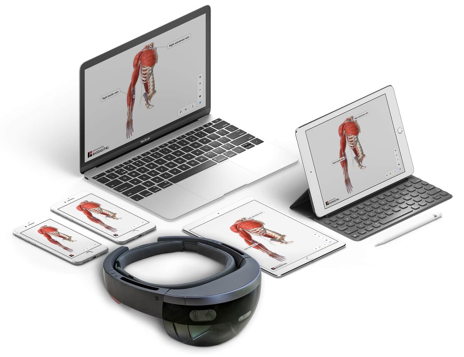 Interactive 3D human anatomy model displayed on multiple devices including laptop, tablet, smartphone, and VR headset using BioDigital Human platform. title=
